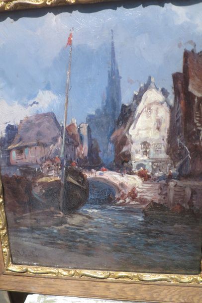Paul Denarie dit Jean Sorlain (1859-1942) Bateau à marée basse dans un port normand

Huile...