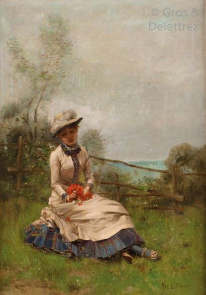 null PHILIPPEAU, ÉCOLE DU XIXe siècle. Jeune femme assise sur l’herbe. Huile sur...
