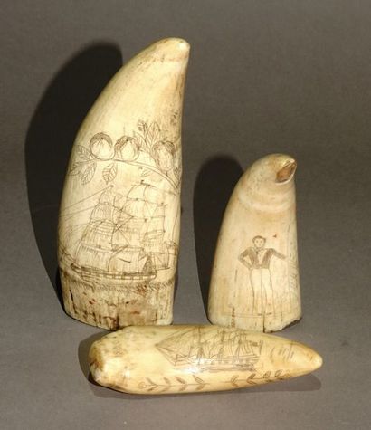 null Trois dents de cachalot gravées, dites Scrimshaw, à décor?: l’une d’un trois...