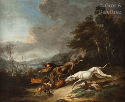 null Attribué à Carl RUTHART (1630-1703) Trois chiens attaquant des renards. Toile....