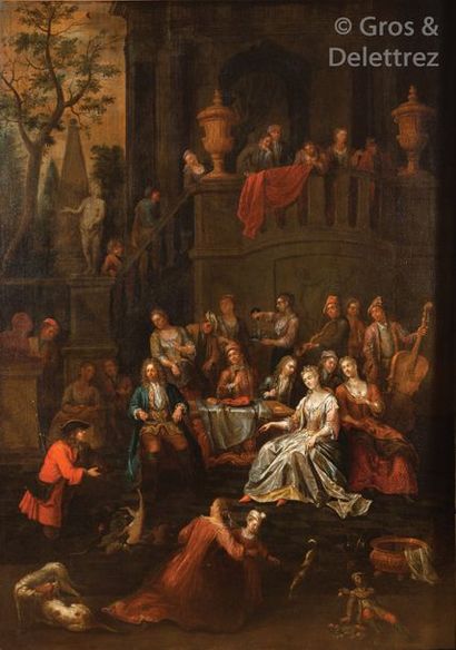 null École Flamande vers 1720 Banquet dans un parc au pied d’un escalier Huile sur...