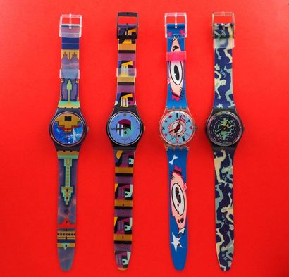 null SWATCH, lot de 4 montres comprenant les modèles suivants :

-Blue Flamingo (Bracelet...