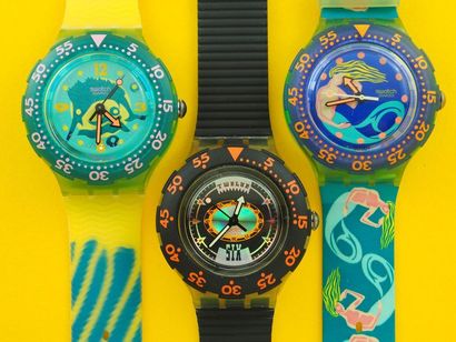 null SWATCH, lot de 3 montres de plongée comprenant les modèles suivants :

-Swordfish...
