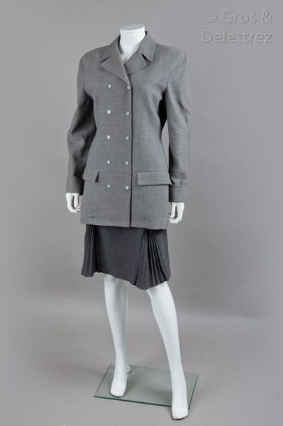 Thierry MUGLER Ensemble en lainage tissé gris, comprenant une veste longue à col...