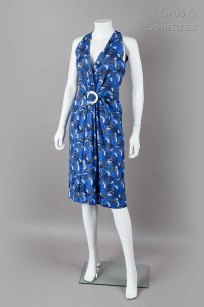 Pierre BALMAIN circa 1960 Robe en toile de laine imprimée dans les coloris bleu,...
