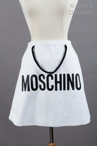 MOSCHINO couture Minijupe évasée en satin de coton figurant un sac avec l’inscription...