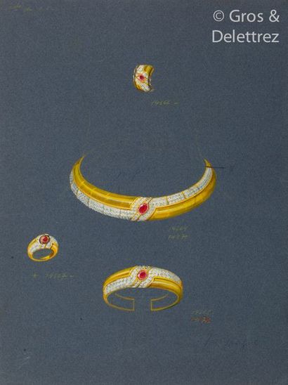 null Dans l'esprit de Boucheron - Lot de trois dessins préparatoires : 


- Gouache...