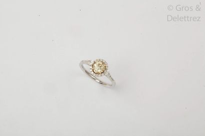 null Bague en or gris, ornée d'un diamant jaune de taille ancienne épaulé de diamants...