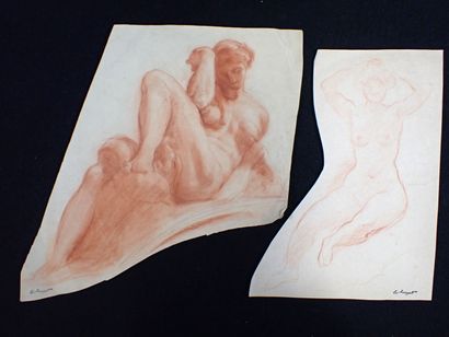  HUYOT Albert (1872-1968): Nude studies, one after Michelangelo. Two sanguines, studio... Gazette Drouot