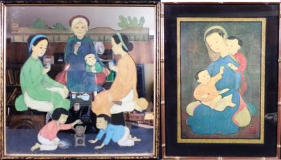 After MAI-THU (1906-1980): Tea scene. Reproduction and cut-out mirror. 36 x 36.... Gazette Drouot