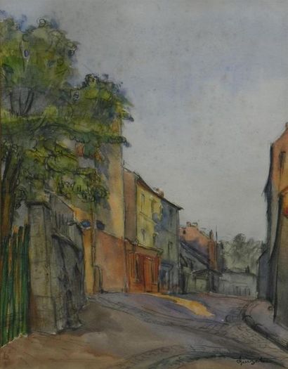 null QUIZET Alphonse (1885-1955). 
Rue de village à Manosque. 
Aquarelle sur traits...