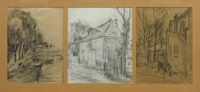 null QUIZET Alphonse (1885-1955). 
Etudes de maison et bord de Seine. 
Trois fusains...