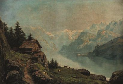 null THÉODORE LEVIGNE (1848-1912)
Lac de montagne
Huile sur toile signée en bas à...