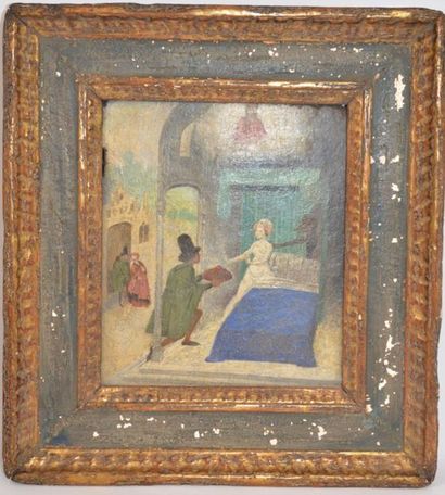 null Panneau peint dans le style renaissance "une femme au lit tentée par un diable"...