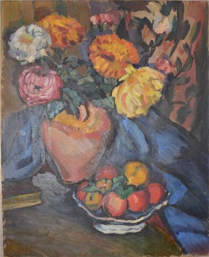 null Jean SERRIERE ( 1893-1965)
Bouquet de fleurs aux chrysanthèmes et coupe de pommes
Huile...