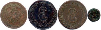 null Lot de quatre monnaies RUSSES en bronze : 	
Catherine II 5 Kopecks 1768 ; 10...