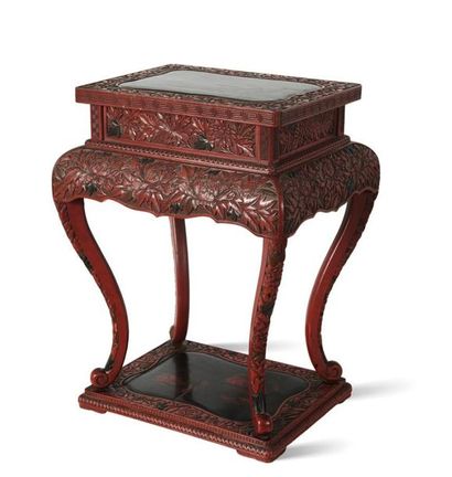 null JAPON Epoque MEIJI (1868 - 1912) Petite TABLE d'autel en laque rouge sculpté,...