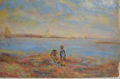 null Paul KRON (1869-1936)
Pêcheurs en bord de mer
Huile sur toile signée en bas...
