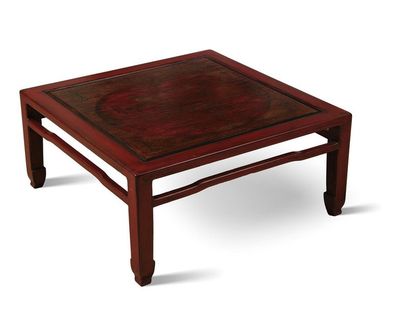 null LOW TABLE in red lacquer, square top with a central motif of a Japanese cherry...