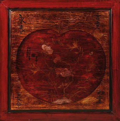 null LOW TABLE in red lacquer, square top with a central motif of a Japanese cherry...