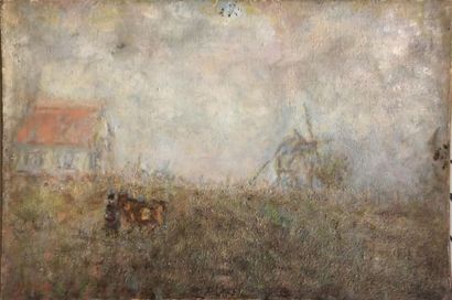 null Paul KRON (1869-1936)
Paysage au moulin et à la vache
Huile sur toile signée...