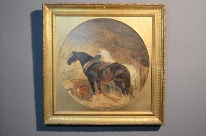 null 19th century ENGLISH school
Horses in fodder, 
Oil on cardboard with a signature...