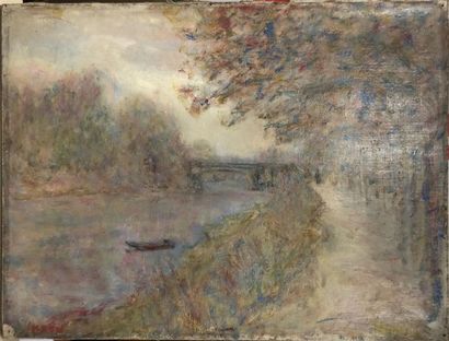 null Paul KRON (1869-1936)
Paysage bord de Seine à la barque
Huile sur toile signée...