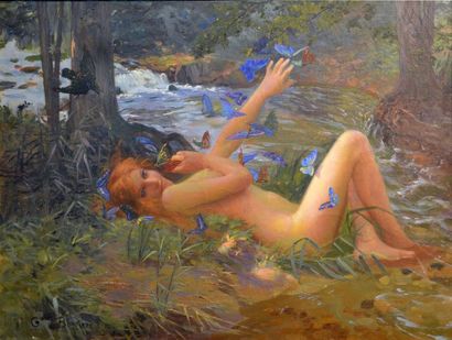 null Gaston BUSSIERE (1862-1928)
La femme aux papillons, 1913
Huile sur toile, signée...