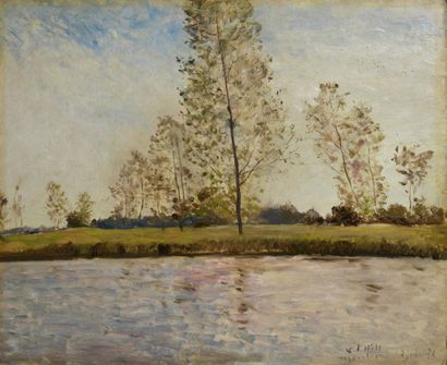 null Carl Fredrik HILL (1849-1911) 
Trees by the river, Montigny June 2, 1876
Oil...