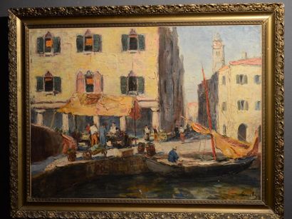 null Lajos GIMES (1886-1944)
Marché animé à Venise
Huile sur toile signée en bas...