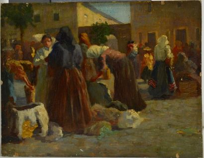null Laurits Tuxen. (1853 - 1927) attribué à 
Scène de marché, vers 1900
Huile sur...