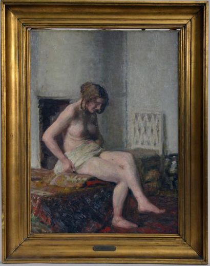 null Julius Paulsen. (1860 - 1940)
Modèle nu, vers 1900
Huile sur toile monogrammée...