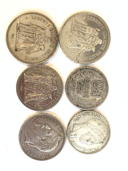 6 PIECES en argent: 50 francs (2), 20 francs (1), 10 francs (1), 20 francs tunisie...
