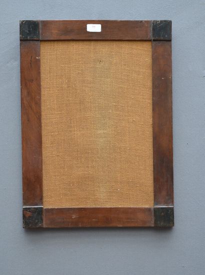null Waxed walnut frame with flat profile, corners with blackened protruding square....