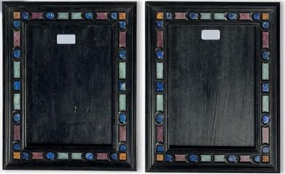 null Pair of moulded and blackened wooden frames inlaid with hard stones, including...