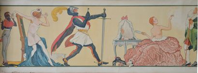  Georges LEONNEC (1881-1940) 
Quatre bandeaux humoristiques formant une frise de...