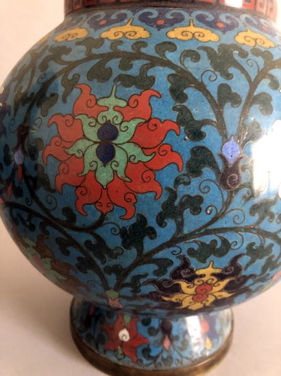 null Paire de vases balustres en émaux cloisonnés à décor de tiges feuillagées en...