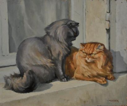 CARTIER Jacques (1907-2001) Deux chats Huile sur papier isorel, signée en bas à droite...