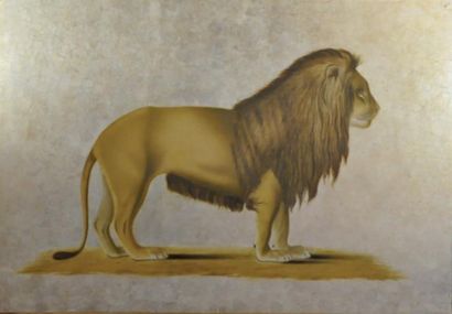 LAFITTE L.R Lion Laque sur panneau, signé sous les pattes arrière 86,5 x 125 cm