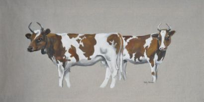 TALY-BRICE (née en 1945) Deux vaches blanches et marron Huile sur toile signée en...