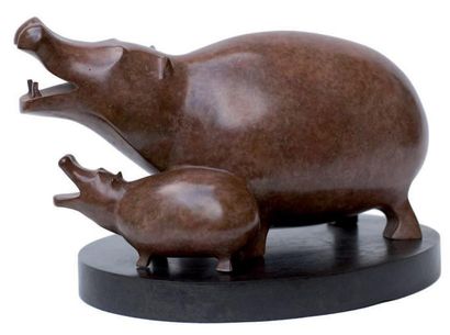 GEYMANN Guy (né en 1951) Hippopotame et son petit Bronze à patine mouchetée, signé...