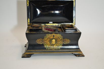 null Black papier-mâché tea caddy decorated with mythological figures and profiles,...