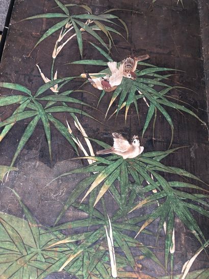 null PARAVENT à six feuilles à décor d'oiseaux dans les bambous sur fond sombre argenté

Japon,...