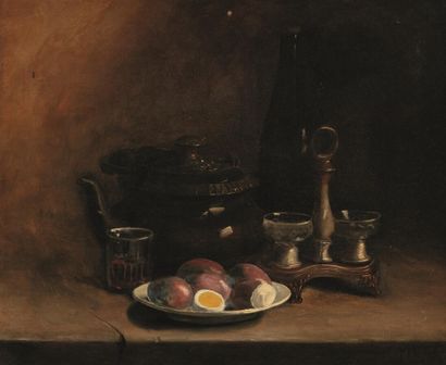  Dutch school of the 19th century 
Still life with a teapot 
Oil on canvas, signed...