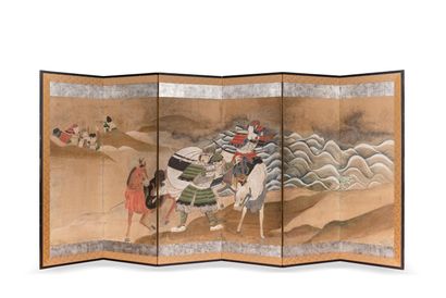 null PARAVENT à six feuilles en papier gouaché sur fond à décor de plusieurs samouraïs...