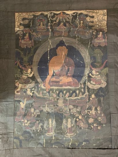 Tanka détrempe sur toile, représentant buddha...