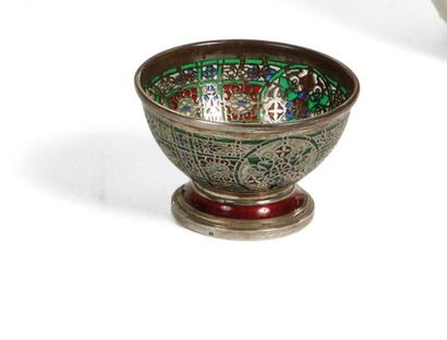 null Round silver cup decorated with geometric and floral enamel simulating a stained...