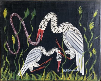  Kabinda Kunkulu Victor (1927) 
Deux échassiers et un serpent 
Huile sur toile de...