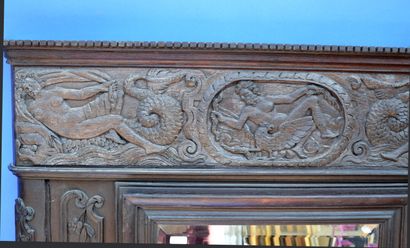 null Carved oak CHIMNEY TOP with a pediment centered on Zeus with an eagle, surrounded...