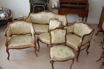 null Rocaille carved walnut living room furniture, including: a two-seater sofa,...